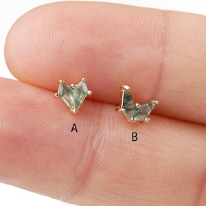 Pendiente de botón de oro macizo de 14 quilates con forma de cometa, ágata musgosa, piedra preciosa geométrica, sin rosca, para piercing de hélice, cartílago, labret.