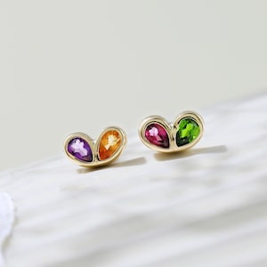 14K Solid Gold Leaf Amethyst Citrine Earring Rhodolite Chrome Diopside Double Pear Shape Gemstone Stud Cartilage Helix Tragus Piercing