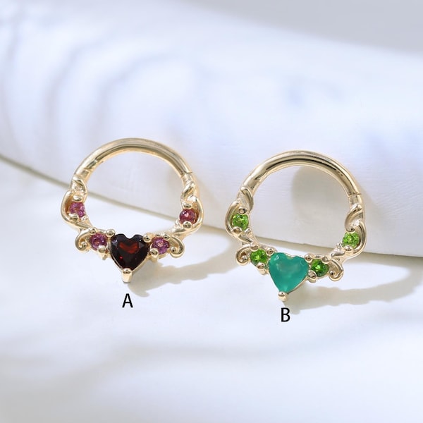 Anillo de oro macizo de 14 quilates con forma de corazón de granate, con bisagra y crisoprasa, sin costuras, para la nariz, cartílago, gema, Daith Rook, aro para tabique nasal, 16 g