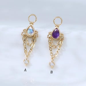 14K Solid Gold Moonstone/Amethyst Teardrop Charm Earring Dangle Moissanite Double Chain Cartilage Helix Conch Clicker Charm Connector
