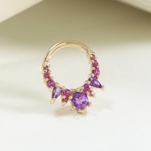 14K Solid Gold Amethyst Hinged Clicker Seamless Rhodolite Garnet Nose Ring Gemstone Cartilage Earring Daith Huggie Hoop Earring Septum Ring