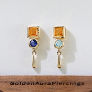 14K Solid Gold Citrine Teardrop Dangle Stud Earring Swiss Blue Topaz Blue Sapphire Geometric Drop Push Pin Flat Back Helix EarLobe Piercing