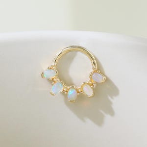 14K Solid Gold Opal Floral Pattern Nose Ring Cluster Oval Gemstone Septum Clicker Cartilage Daith Hoop Earring Dainty Nose Piercing 16g