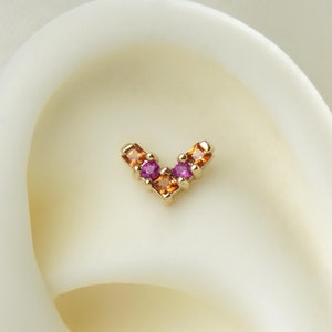 14K Solid Gold Fanta Orange Garnet Ruby Stud Earring Delicate V Earring Cartilage Earlobe Labret Stud Piercing Gemstone Threadless Push Stud