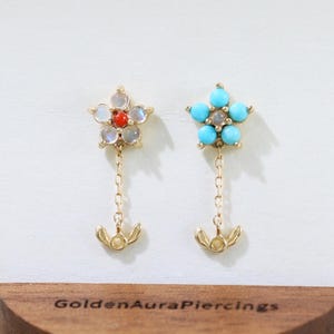 14K Solid Gold Moonstone Flower Dangle Stud Earring Leaf Pattern Drop Turquoise Red Agate Threadless Push Pin Cartilage Helix Lobe Piercing