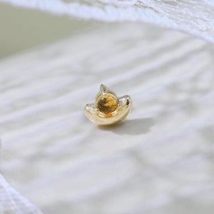 14K Solid Gold Citrine Shoe Shape Earring Chinese Gold Ingot Gemstone Cartilage Helix Labret Push Back Stud Piercing Jewelry Handmade Gift