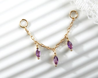 14K Solid Gold Marquise Amethyst Chain Attachment Elegant Dangle Ear Jacket Chain Gemstone Charm Chain for Cartilage Helix Conch Earring