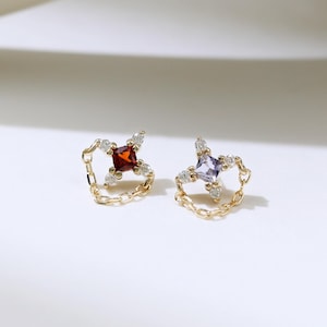 14K Solid Gold Flower Iolite Garnet Moissanite Dangle Chain Earring Single Chain Dangle Gemstone Earlobe Cartilage Stud Flat Back Earring