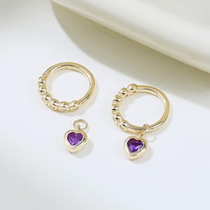 14K Solid Gold Amethyst Heart Dangle Hoop Earring Beaded Pattern Nose Ring Moissanite Cartilage Daith Earring Gemstone Septum Ring 16g 8mm