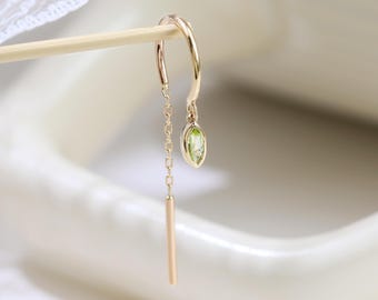 14K Solid Gold Peridot Marquise Hook Line Earring Gemstone Bar Threader Chime Earring Dangle Chain Pull Through Hoop Ear Wire Piercing Gift