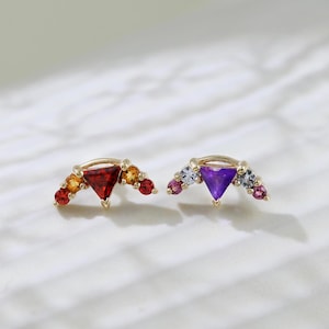 14K Solid Gold Crescent Moon Amethyst Garnet Earring Tanzanite Citrine Arc Stud Gemstone Cartilage Helix Labret Push Flat Back Earring
