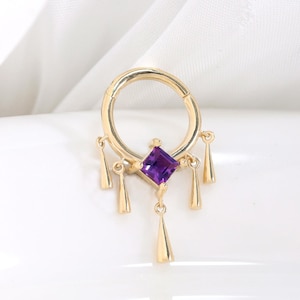 14K Solid Gold Amethyst Hinged Clicker Dangle Square Shape Gemstone Nose Ring Cartilage Helix Daith Earring Huggie Hoop Septum Ring