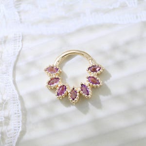 14K Solid Gold Amethyst Bead Floral Pattern Nose Ring Cluster Marqiuse Gemstone Septum Clicker Cartilage Daith Hoop Earring 16g 7.5mm
