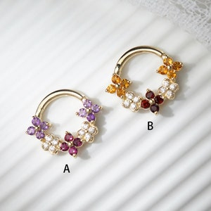 14K massief gouden rhodoliet-granaat amethist bloem scharnierende clicker naadloze granaat citrien neusring edelsteen kraakbeen oorbel septum ring