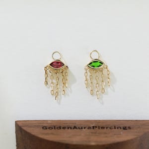 14k Solid Gold Chrome Diopside Dangle Chain Charm Rhodolite Garnet Chain Drop Pendant Cartilage Helix Rook Hoop Charm Handmade Piercing