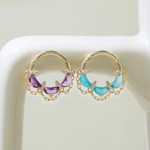 14K Solid Gold Amethyst Blue Onyx Chain Dangle Hoop Earring Half Moon Gemstone Cluster Nose Ring Moissanite Septum Ring Cartilage Daith Hoop