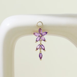 14K Solid Gold Amethyst Flower Leaf Dangle Charm Purple Gemstone Pendant Cartilage Helix Rook Tragus Hoop Huggie Charm Piercing Jewelry