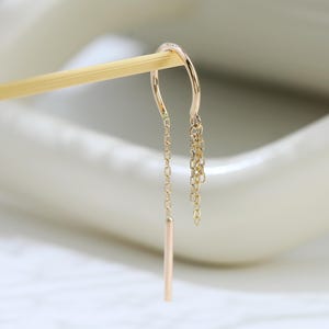 Pendientes colgantes de oro macizo de 14 quilates con cadena y gancho, pendientes de cadena tipo cable, pendientes de barra y enhebradores, pendientes de oro auténtico con aro y gancho para piercing.