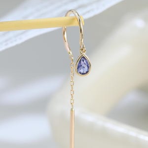 14K Solid Gold Iolite Teardrop Hook Line Earring Gemstone Bar Threader Arc Earring Dangle Chain Pull Through Hoop Ear Wire Piercing Jewelry