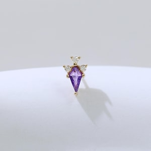14K Solid Gold Amethyst Moissanite Spike Earring Gemstone Cartilage Earlobe Helix Tragus Push Back Flat Stud Piercing Jewelry Gift for Her
