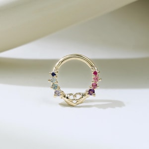 14K Solid Gold Ruby Blue Sapphire Amethyst Tanzanite Handshake Hinged Clicker Multiple Color Gemstone Nose Septum Ring Daith Piercing 16g