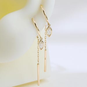 14k Solid Gold Moissanite Hook Linie Ohrring Marquise Edelstein Bar Threader Bogen Ohrring Elegante Wire Pull-Through Hoop Ohr Kette Piercing