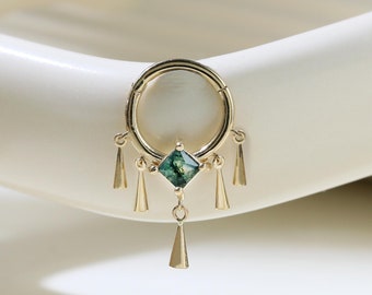 14K Solid Gold Moss Agate Hinged Clicker Seamless Nose Ring Dangle Gemstone Cartilage Earring Helix Huggie Hoop Earring Septum Ring
