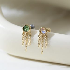 14k Solid Gold Moss Agate Dangle Chain Earring Moonstone Chain Drop Stud Cartilage Helix Earlobe Flat Back Earring Threadless Jewelry