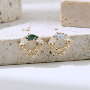 14K Solid Gold Moss Agate Dangle Chain Earring Labradorite Cartilage Stud Moissanite Helix Earring Earlobe Flat Back Earring