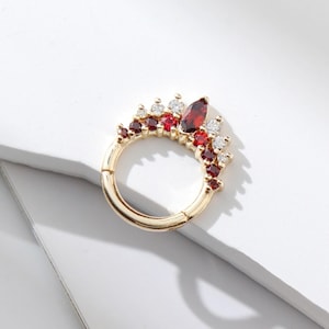 14K Solid Gold Garnet Hinged Clicker Dainty Red Spinel Moissanite Nose Ring Fancy Gemstone Cartilage Earring Huggie Hoop Earring Septum Ring