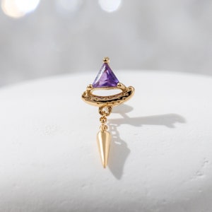 14K Solid Gold Amethyst Trillion Spike Dangle Earring Delicate Geometric Drop Cartilage Helix Stud Gemstone Push Back Earring Piercing Gift