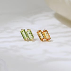 14K Solid Gold Peridot Double Baguette Stud Earring Geometric Citrine Threadless Push Pin Tiny Gemstone Cartilage Helix Earlobe Piercing