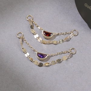 14K Solid Gold Crescent Amethyst Double Chain Attachment Garnet Dangle Ear Jacket Chain Gemstone Chain Piercing for Cartilage Helix Earring