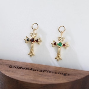 14k Solid Gold Cross Chrysoprase Charm Garnet Black Spinel Dangle Charm Cross Gemstone Pendant Cartilage Helix Rook Hoop Clicker Charm