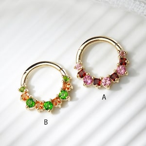 14K Solid Gold Pink Tourmaline Hinged Clicker Seamless Chrome Diopside Nose Ring Gemstone Cartilage Earring Huggie Hoop Earring Septum Ring