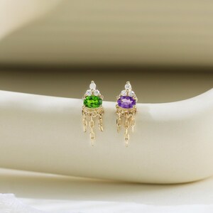 14k Solid Gold Chrome Diopside Dangle Chain Earring Amethyst Moissanite Chain Drop Stud Gemstone Cartilage Helix Tragus Earlobe Piercing