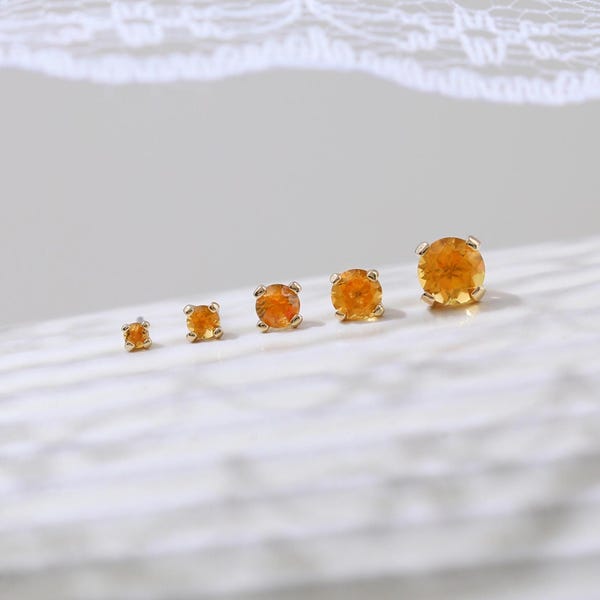 14k Solid Gold Citrine Multiple Size Earring Round Gemstone Cartilage Helix Piercing Tragus Lobe Conch Solitaire Threadless Push End Stud