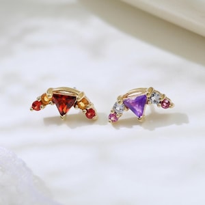 14K Solid Gold Granat, Citrin & orange Saphir Kletterer Ohrring / Tansanit, Amethyst und Rhodolit Granat Arc Stud / Threadless flache Rückseite