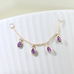 Catena pendente in oro massiccio 14 carati con ametista, a forma di pera, con pietra preziosa, per orecchini a forma di conchiglia, cartilagine elica.