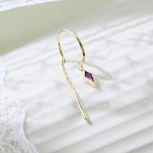 14k Solid Gold Amethyst Kite Hook Line Earring Single Gemstone Bar Threader Arc Earring Elegant Wire Pull-Through Hoop Ear Chain Piercing