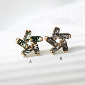 14K Solid Gold Moss Agate Black Rutilated Quartz Stud Earring Dainty Flower Piercing Jewelry Gemstone Threadless Push Stud Cartilage Earlobe