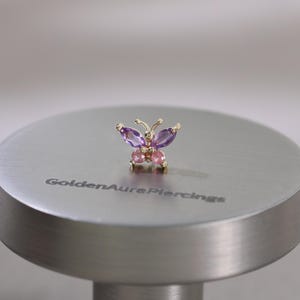 14K Solid Gold Butterfly Amethyst Pink Tourmaline Earring Dainty Animal Motif Pattern Gemstone Stud Cartilage Helix Earlobe Conch Piercing