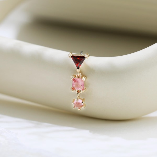 14k Solid Gold Granat rosa Turmalin baumeln Ohrring Dreifach Edelstein Drop Stud Knorpel Piercing für Helix Tragus Threadless Schmuck