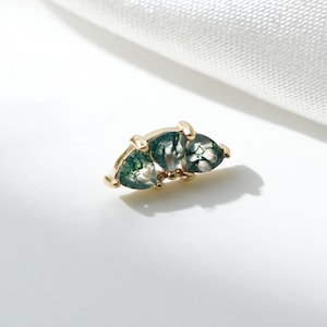 14K Solid Gold Moss Agate Climber Earring Triple Triangle Green Gemstone Ear Crawler Stud Cartilage Push Pin Flat Back Hidden Helix Jewelry