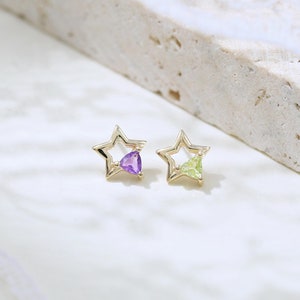 Brinco vazado em ouro maciço 14K com ametista, estrela, cinco pontas, peridoto, cartilagem, hélice, piercing de lóbulo da orelha, joia sem rosca, presente para crianças