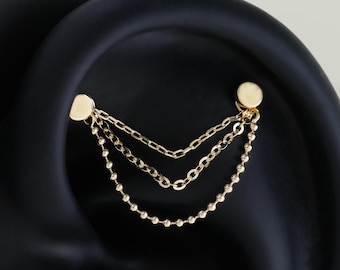 14K Solid Gold Triple Chain Attachment: Cartilage Helix Conch Nose Dangle Chain Accessory