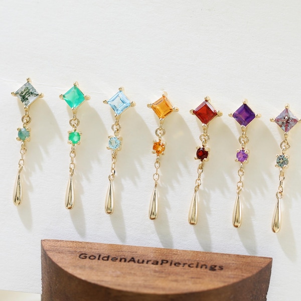 14K Solid Gold Doppel Edelstein Teardrop baumeln Bolzen Moosachat Alexandrit Schweizer Blautopas Piercing Bunte Helix Lobe flache Rückseite Ohrring
