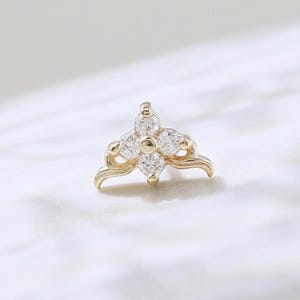 Pendiente de oro macizo de 14 quilates con forma de flor de diamante, con forma de corona, para piercing de cartílago, hélix, trago, caracola, sin rosca, regalo para novia.