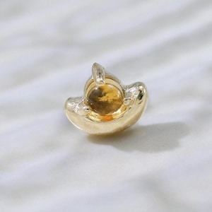 14K Solid Gold Citrine Yuanbao Earring Chinese Gold Ingot Gemstone Cartilage Helix Labret Flat Back Stud Lucky Piercing Threadless Jewelry