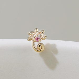 14K Solid Gold Rhodolite Garnet Twisted Vine Stud Earring: Leaf Cartilage Flat Back Piercing